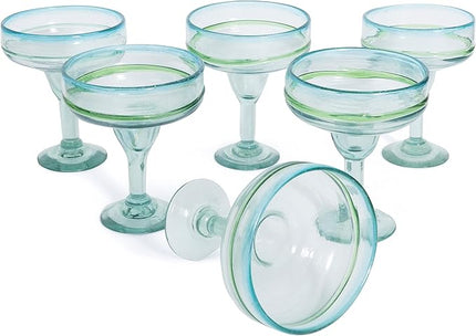 MyCajita Mexican Glassware, Aqua Rims 16oz Margarita Glasses, Set of 6 Unique Hand Blown Glass, Handcrafted by Talented Artisans Thick & Sturdy Easy to hold