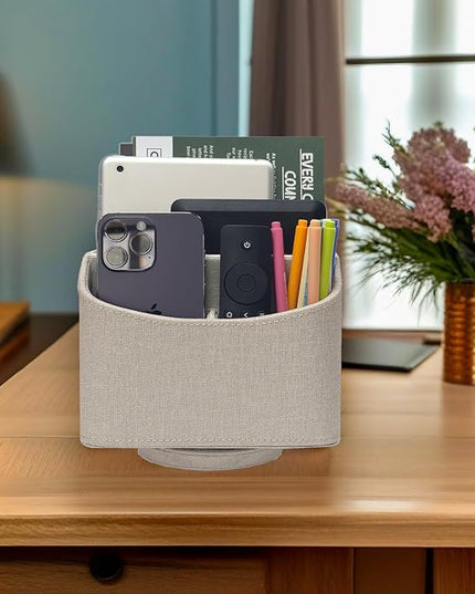 UnionBasic Rotating Desk Organizer, 360 Degree Desk Spinning Caddy, Desktop TV Guide/Mail/Media/Remote Controller Holder Organizer, Linen Texture Leather Beige