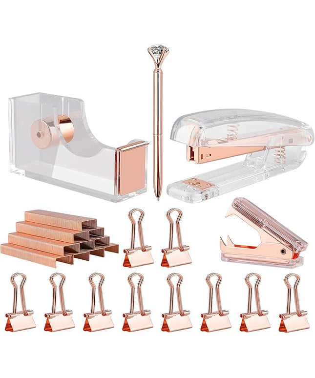KIDMEN Rosegold Desk Accessory Kit,Set of Stapler, Staple Remover,1000pcs Staples,Tape Dispenser,Big Diamond Ballpoint Pen and 10pcs Binder Clips