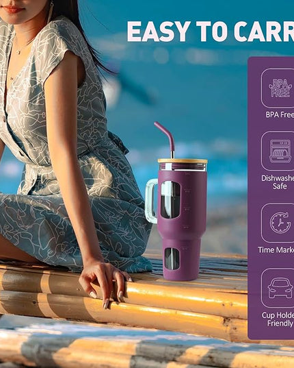 Glass Tumbler with Straw and Lid, 40 oz glass cup with handle, Glass Water Bottles with Time Marker, Silicone Protective Sleeve-Dark Purple