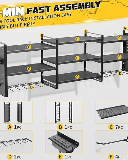 Power Tool Organizer with Charging Station Wall Mount, 3 Layer Expanded Heavy Duty Garage Organization, 48.8 Inch Length Garage Tool Storage, 4 Drill Slot, 16" Standard Hole, Black