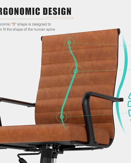 Okeysen Leather Office Desk Chair, Mid-Century Modern Leather Conference Room Chairs, Ergonomic Executive Ribbed Height Adjustable Swivel Rolling Chair for Home Office.