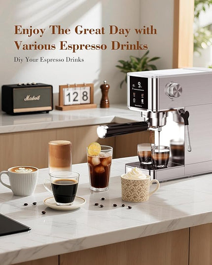 Kndko 20Bar Craft Coffee Machine with Milk Frother, Upgraded 1350W Expresso Coffee Machines with Touchscreen, Stainless Steel Espresso Machine Small for Home - Cappuccino Latte & Americano