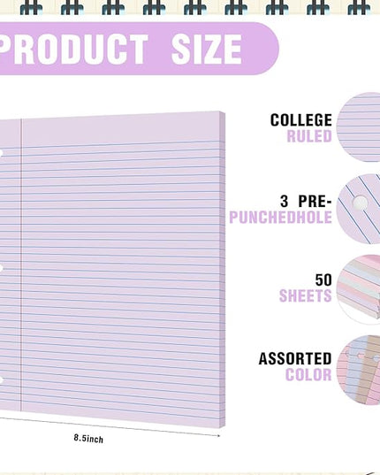 PerKoop 400 Sheets Colored Loose Leaf Paper 8.5" x 11" college ruled Lined 3 Hole Punched notebook Filler Paper for 3 Ring Binders Office School Supplies (Gentle Colors)