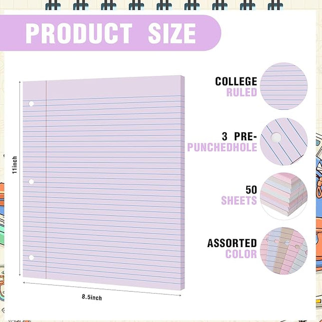 PerKoop 400 Sheets Colored Loose Leaf Paper 8.5" x 11" college ruled Lined 3 Hole Punched notebook Filler Paper for 3 Ring Binders Office School Supplies (Gentle Colors)