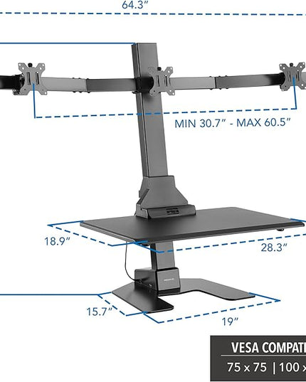 Mount-It! Triple Monitor Electric Standing Desk Converter - 3 Screens Stand Up Desk Riser - Height Adjustable Desktop & 3 Mounts for Screens up to 32", Sit-Stand Convertor for Home, Office, School