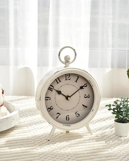 MACVAD Vintage Rustic White Table Clock on Stand, Decorative Desk and Shelf Clock Farmhouse Mantel Clock Rustic Non-Ticking Clock