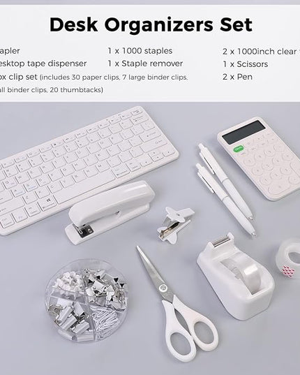 SKYDUE White Office Supplies Set, Desk Accessories, Stapler, Tape Dispenser, Scissors, Binder/Paper Clips and 1000pcs Staples, Office Decor for Women