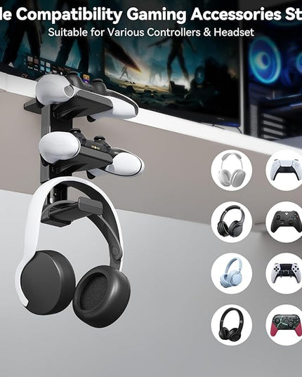 Controller Holder & Headphone Stand Under Desk with Adjustable Clamp, Controller Stand & Headset hanger for Desk Mount with 360° Rotating Hook & Cable Organizer 3-in-1 Game Organizer, PC Game Headsets