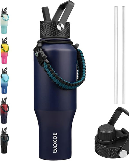 BJPKPK Insulated Water Bottles with Straw Lid, 35oz Metal Water Bottle with 2 lids & Paracord Strap, Double Wall Stainless Steel Vacuum Tumblers, Cups, Mugs, Thermo for Hot& Cold Drinks, Navy Blue