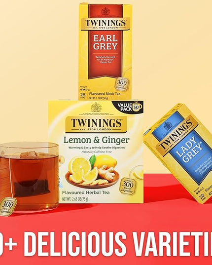 Twinings Earl Grey Black Tea Individually Wrapped Bags, 25 Count (Pack of 6), Flavoured with Citrus and Bergamot, Caffeinated, Enjoy Hot or Iced, 150 Teabags