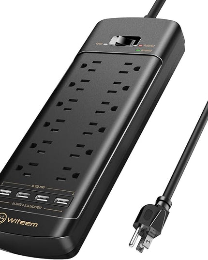 Surge Protector Power Strip - 12 Outlets,4 USB 6A Ports, 6Ft Extension Cord, 1875W/15A, 4360Joules, Overload Protection - Ideal for Home & Office Use (Black-USB6A)