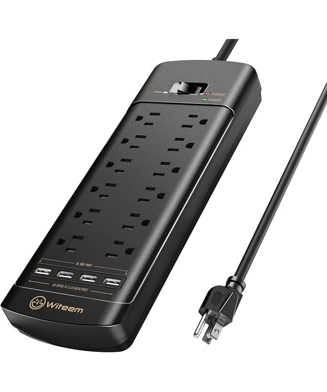 Surge Protector Power Strip - 12 Outlets,4 USB 6A Ports, 6Ft Extension Cord, 1875W/15A, 4360Joules, Overload Protection - Ideal for Home & Office Use (Black-USB6A)
