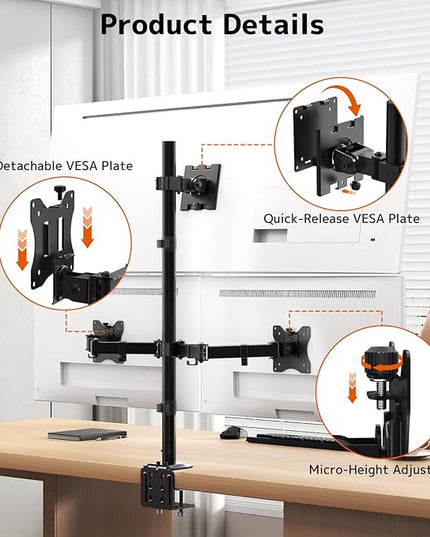 PUTORSEN Triple Monitor Mount for Up to 49" Ultrawide and 32" Monitors per Side Arm, Extra Tall 3 Monitor Desk Mount Holds up to 44 lbs, VESA 75/100 mm