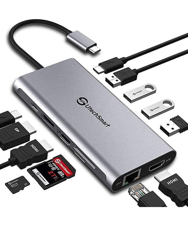 Docking Station, USB C Hub UtechSmart 12 in 1 USB C Dock Triple Display with 2 * 4K@60Hz HDMI, Displayport, 100W PD, 4 USB Ports, RJ45 Ethernet, SD/TF for MacBook, Dell, HP, Lenovo, Huawei