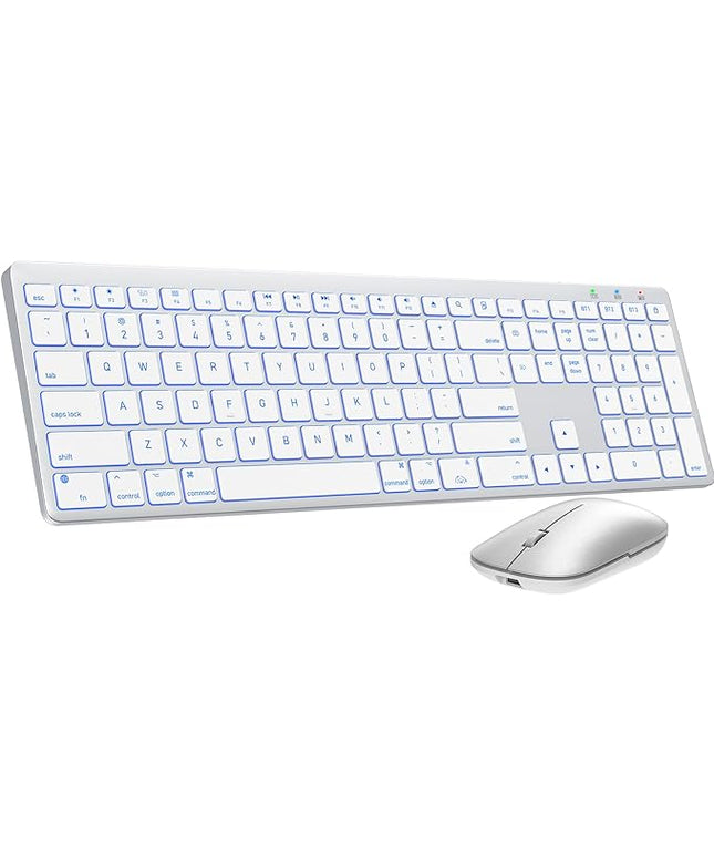 SABLUTE Bluetooth Keyboard and Mouse for Mac — 7-Color Backlit, Multi-Device, Rechargeable, Full-Size Wireless Keyboard Mouse Combo with Quiet Scissor-Switch Keys & Tilt Legs for Mac (Silver White)