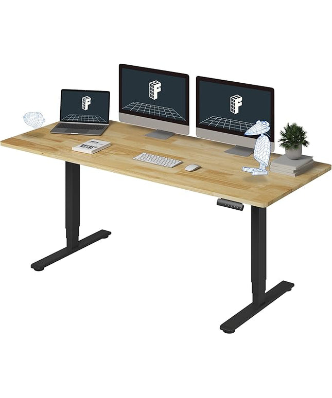 FlexiSpot E6 Solid Wood 3-Stage Dual Motor 71 x 30 Electric Standing Desk, Holds 220 lbs, Adjustable Height w/ Memory Presets, Butcher Block Rubberwood Desktop & Black Frame, Ships in 2 Boxes