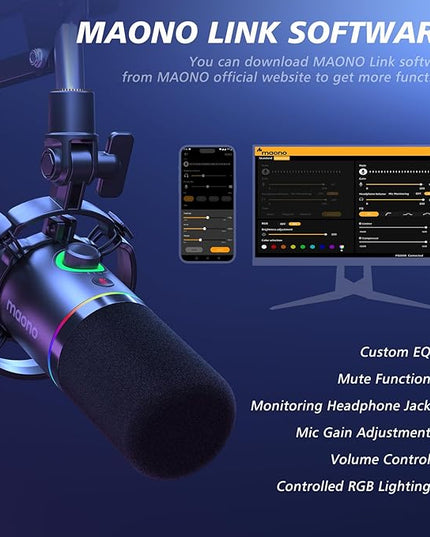 MAONO XLR/USB Dynamic Microphone Kit, RGB Podcast Mic with Software, Mute, Gain Knob, Volume Control, Boom Arm for Streaming, Gaming, Voice-Over, Recording-PD200XS Black