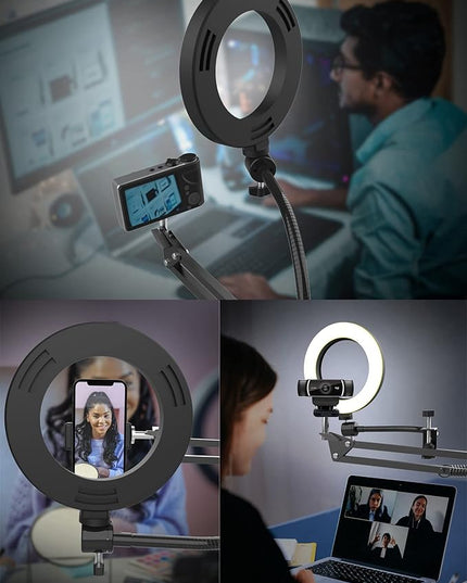 Overhead Camera Mount with Ring Light, Flexible Articulating Phone Arm Stand Compatible with iPhone, Logitech Webcam, Desk Tripod for YouTube Live Stream Cooking Nail Video Recording