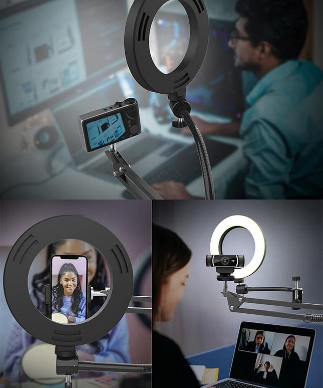 Overhead Camera Mount with Ring Light, Flexible Articulating Phone Arm Stand Compatible with iPhone, Logitech Webcam, Desk Tripod for YouTube Live Stream Cooking Nail Video Recording