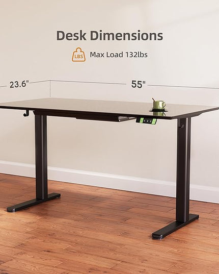 INNOVAR Glass Standing Desk with Drawers, 55×24 Inch Adjustable Stand Up Desk, Quick Install Home Office Computer Desk, Black