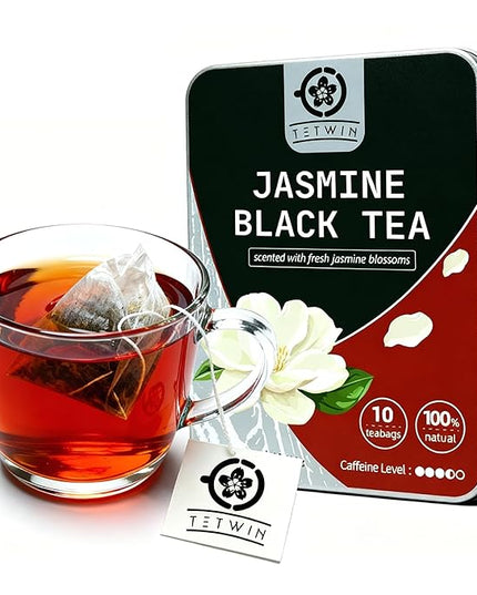Jasmine Black Tea Bags, 3-Scented Loose Leaf in PLA teabag - Bitterness-Free, Naturally Sweet & Mellow, 10 Count Portable Tin