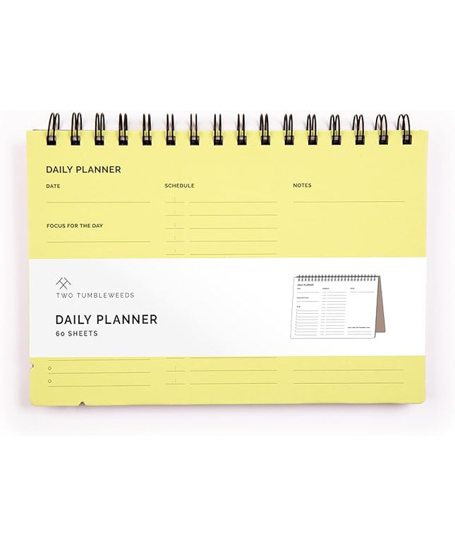 Undated Daily Planner Notebook – Spiral Bound A5 (5.75" x 8.5"), 60 Pages, Yellow Cover | Simple Organizer for Work, School & Personal Goals