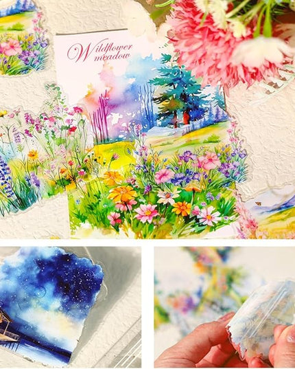 120PCS Large PET Nature Scenery Stickers for Journaling, 2.76 x 2.76 inches, 6 Assorted Landscape Scrapbook Stickers for Scrapbooking, Craft Art, Bujo, Junk Journal Supplies, Collage Decorative