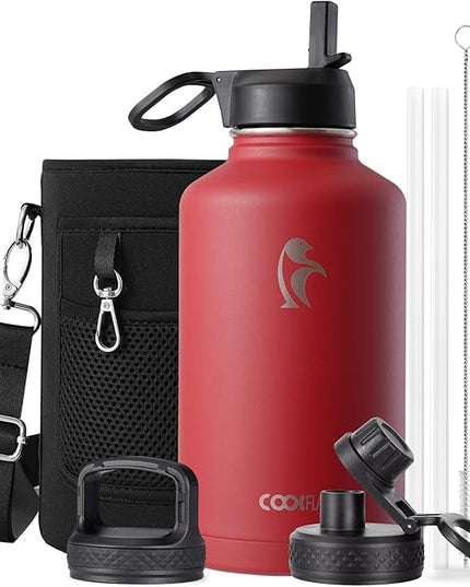 Coolflask Half Gallon Water Bottle Insulated with Straw & 3 Lids, 64 oz Water Jug Large Metal Stainless Steel Wide Mouth for Sports, Gym or Office, Non-BPA Keep Cold 48H Hot 24H, Red