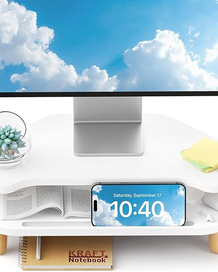 Monitor Stand Riser,2 Tier Corner Wood Monitor Stand Sturdy Computer Stand Multi-Purpose Desktop Storage Stand for Laptop,PC,iMac,Printer,Computer,White
