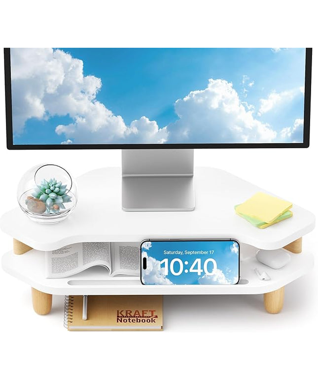 Monitor Stand Riser,2 Tier Corner Wood Monitor Stand Sturdy Computer Stand Multi-Purpose Desktop Storage Stand for Laptop,PC,iMac,Printer,Computer,White