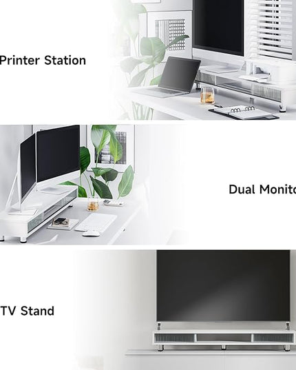 Fenge Dual Monitor Stand, 42.5inch Long Monitor Stands Riser for 2 Monitors, Sliding Door with Storage Organizer Stand for Desk, 2 Tier Desk Shelf for Laptop, Pc, Printer, Computer, TV