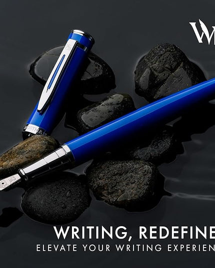 Wordsworth & Black Fountain Pen Set, Medium Nib, Includes 24 Pack Ink Cartridges, Ink Refill Converter & Gift Pouch, Chrome Finish, Calligraphy, [Imperial Blue], Perfect for Men & Women