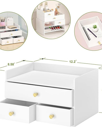 Bamboo Desk Organizer with Drawers Wooden Desktop Storage Drawers for Bills Office Supplies Kitchen Utensils Organizing Tool for Home Classroom Organization No Assembly (3 Drawers, White)
