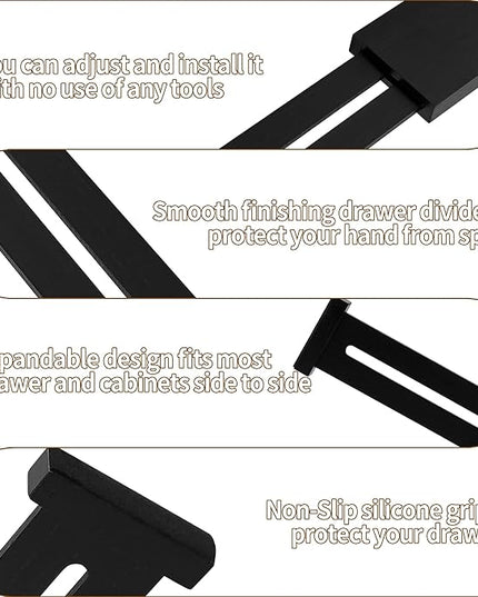 Utoplike 4 pcs Bamboo Kitchen Drawer Dividers Large, Adjustable Black Drawer Organizers, Spring Loaded, Works in Kitchen, Dresser, Bathroom, Bedroom, Drawer, Desk, 2.4" H