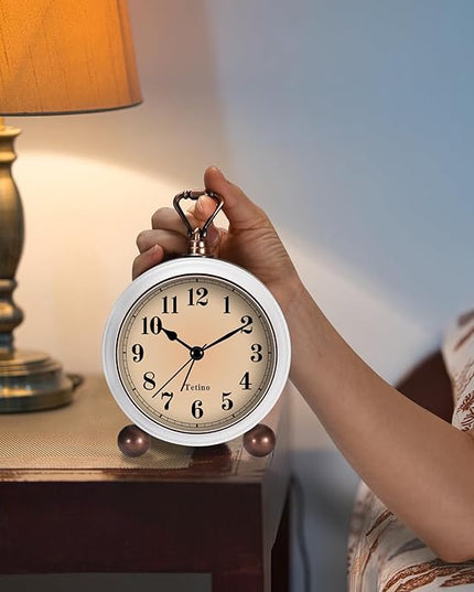 Tetino Analog Alarm Clock,Battery Powered Desk Clocks with Night Light,Silent Non Ticking,Retro Simply Design Alarm Clocks for Living Room, Bedroom, Bedside,Dormitory,Decor,Gift (White)