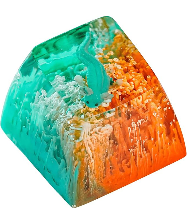 Green Axolotl Artisan Keycap Orange Green Ocean Coral R1 SA Profile Custom Animal Axolotl Keycap 1U ESC Handmade Resin Compatible with Cherry MX Mechanical Keyboard for Axolotl Lover
