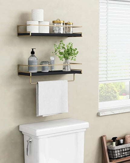 Forbena Black and Gold Bathroom Floating Shelves for Wall, Decorative Wall Mounted Shelves for Kitchen Coffee Bar Station Organizers and Storage, Hanging Shelving Unit for Bedroom Living Room (2-Pack)