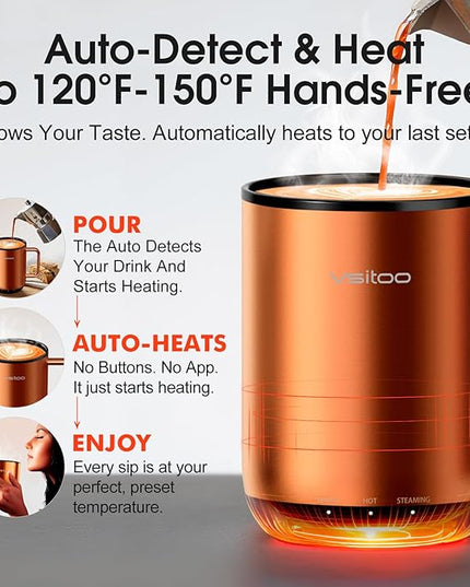 Vsitoo S3 Plus 14oz Heated Coffee Mug - Temperature Control Smart Mug with Mug Warmer, Auto-Sensing AI Heats Drinks to 120-150°F Hands-Free.Ideal for Home/Office/Gifts，Copper