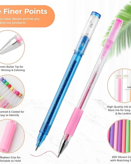 400 Pack Gel Pens for Adult Coloring Book, 200 Artist Colored Pens With 200 Refills, Fine Tip Metallic Glitter Gel Pens for Drawing Doodling Journaling Craft Art Supplies