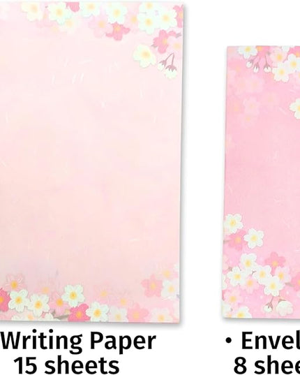Japanese Cherry Blossom Stationery Paper and Envelopes Set, Made in Japan,15 Sheets, 8 Envelopes (Dark Pink), Elegant Washi Paper for Writing Crafts,Gift