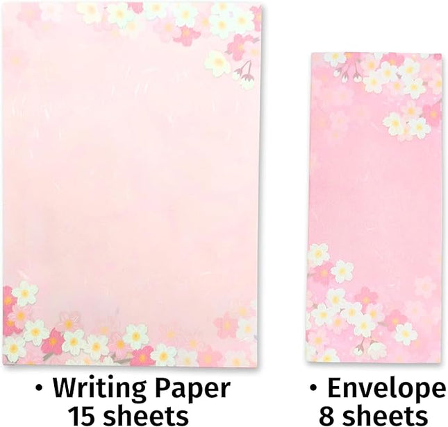 Japanese Cherry Blossom Stationery Paper and Envelopes Set, Made in Japan,15 Sheets, 8 Envelopes (Dark Pink), Elegant Washi Paper for Writing Crafts,Gift