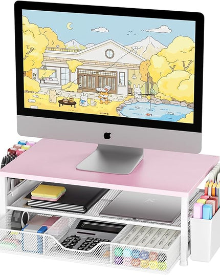 OPNICE Desk Organizers and Accessories, 2-Tier Computer Monitor Stand Riser with Drawer and 2 Pen Holders, Laptop Stand, Office Desk Accessories for Office Supplies, Pink Wood