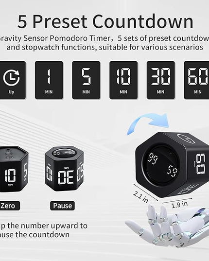 Productivity Timer Flip Gravity Sensor Pomodoro Cube Timer Countdown & Countup,1/5/10/30/60min Preset & Custom Timing, Mute/Vibrate/Sound for ADHD,Work,Study,Kitchen(1, Black Hexagon)