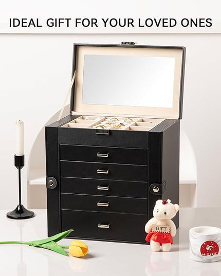 Frebeauty Large Jewelry Box,6-Tier PU Leather Jewelry Organizer,Multi-functional Storage Case with Mirror,Accessories Holder with 5 Drawers for Necklace Bracelets Watches(Black)