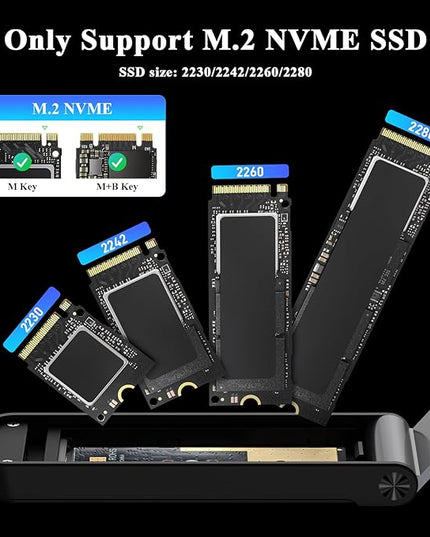 FIDECO M.2 NVMe SSD Enclosure, M.2 NVMe to USB Adapter, USB 3.2 Gen 2 (10Gbps) SSD Reader for M & M+B Key, Sandwich Style Design, Tool-Free Installation, Support UASP and Trim (Grey)