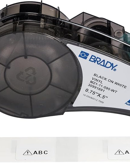 Brady Authentic (M21-11-595-WT) All-Weather Vinyl Label for Indoor/Outdoor ID, Lab and Equipment Labeling, White on Black- for M210, M210-LAB, M211, BMP21-PLUS and BMP21-LAB Printers, .5" H, .75" W