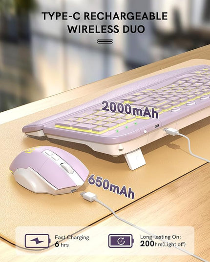 SABLUTE Ergonomic Wireless Keyboard and Mouse Combo - Wave Keyboard with Soft Leather Wrist Rest, Resistant Keys, RGB Backlit Rechargeable Set for PC/Mac/Chromebook (Lavender Purple)