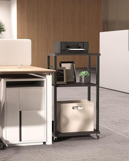YMYNY Mobile Printer Stand, 3-Tier Printer Cart with Adjustable Storage Shelf and 6 S-Hooks, Tall Printer Table for Home Office, for Computer Tower Stand, Shredder, CPU Stand, Black, UHPT002B