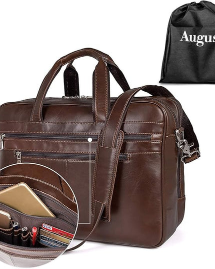 Augus Business Travel Briefcase Genuine Leather Duffel Bags for Men Laptop Bag fits 15.6 inches Laptop YKK Zipper (Brown)